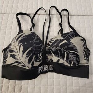 Victoria's Secret PINK Ultimate Lightly Lined Sports Bra Black Tropical Palm L
